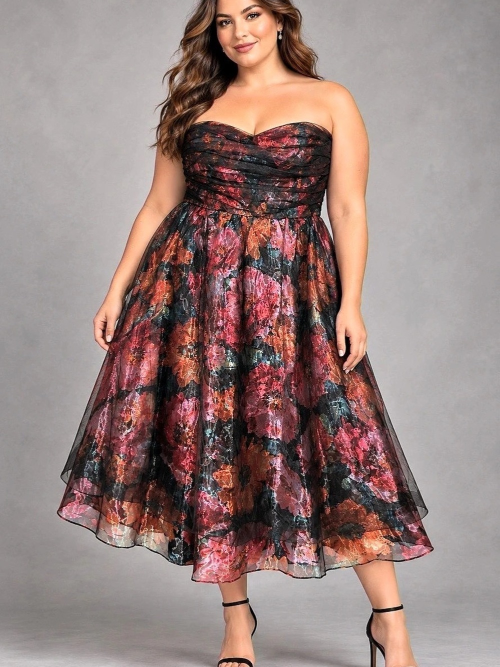 NWT Lulus Freddie Berry Floral Organza Midi Dress Black & Pink XXL/Size 16 appro